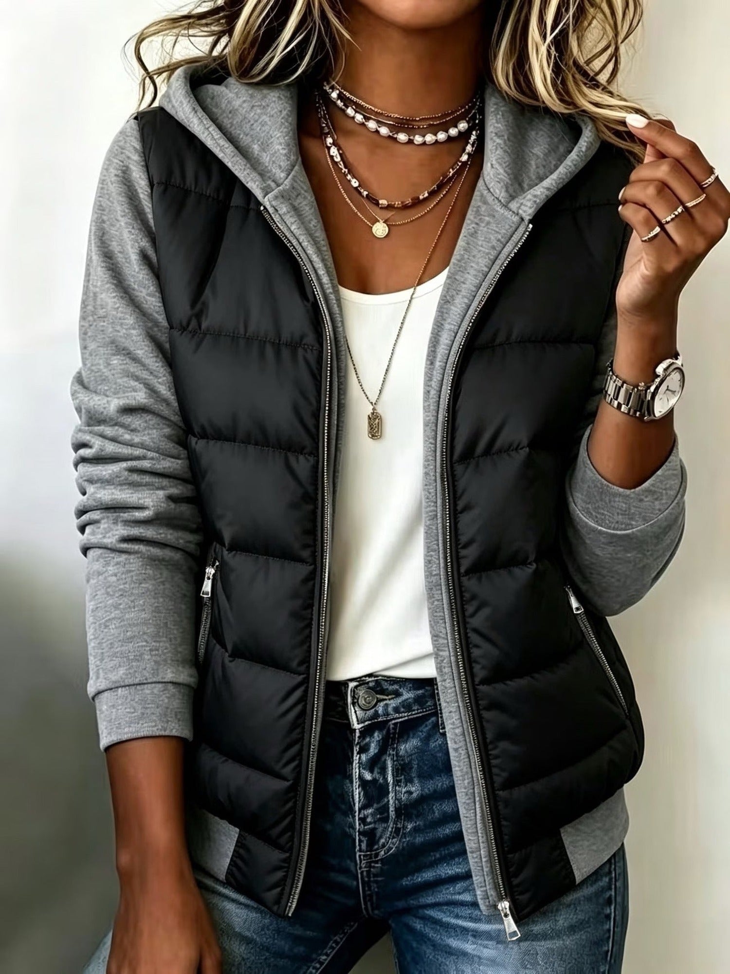 100% Polyester Hooded Puffer Jacket, Knit Sleeves – Women – Black – worn